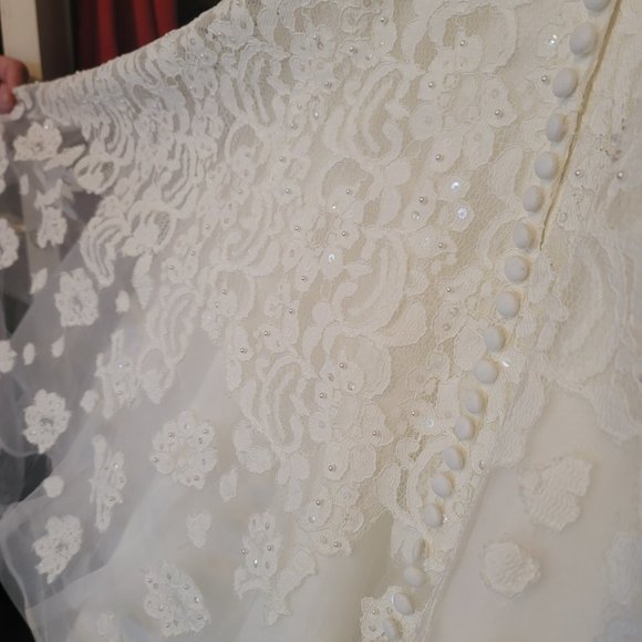 Oleg Cassini cap sleeve illusion wedding dress STYLE# CMK513 - Picture 8 of 11